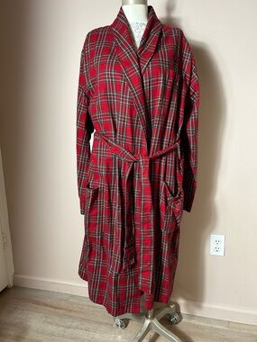 VTG L.L. Bean Red Tartan Cotton Plaid Robe size M unisex belted w pockets
